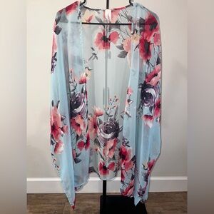 Emerald Floral Sheer Kimono - Light Blue and Pink